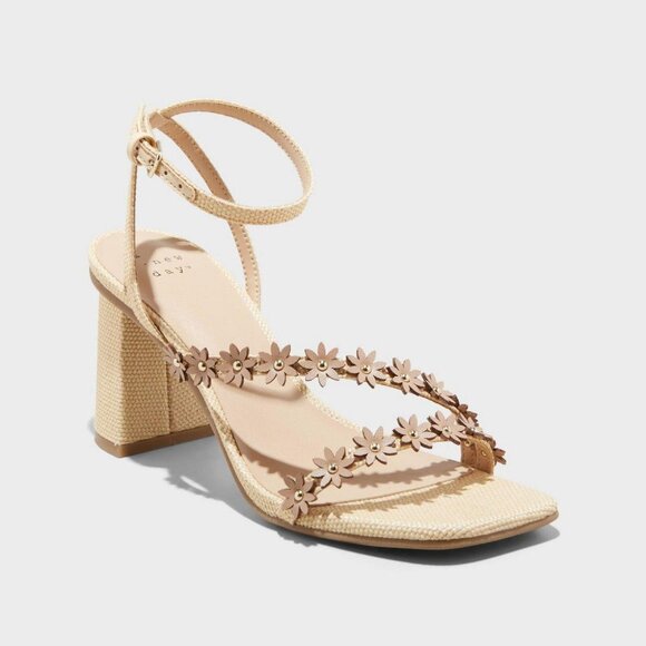 a new day Shoes - Women's Floral Strap Block Heel Sandal - Beige